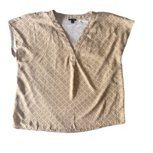 Ann Taylor Tan Windowpane Grid Mixed Media V-Neck Blouse Top Size Medium